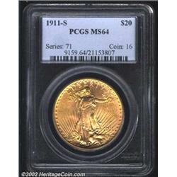1911-S $20 MS64 PCGS. Frosty, orange-golden surfaces. Reasonable strike with some typical marks for.