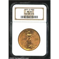 1911-S $20 MS64 NGC. Clean and satiny with light golden color throughout and no distinctive marks. I