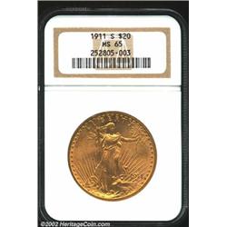 1911-S $20 MS65 NGC. Highly lustrous with rich rose and lilac patina over each side. Fully struck an