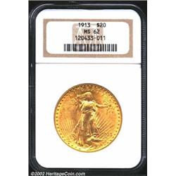 1913 $20 MS62 NGC. An undeniably original Double Eagle, the richly colored surfaces are frosty in fi