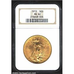 1913 $20 MS62 NGC. The major devices have pinkish patina, while the yellow-green fields have vivacio