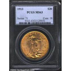 1913 $20 MS63 PCGS. This better date Double Eagle exhibits a russet-gold patina. There are several s
