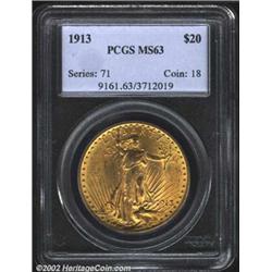 1913 $20 MS63 PCGS. A well struck example with a light honey colored patina. A few wispy abrasions m