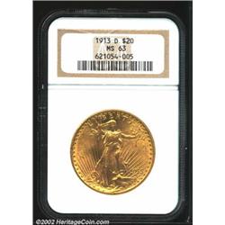 1913-D $20 MS63 NGC. Solid golden surfaces that are both lustrous and reflective. A decent coin for.