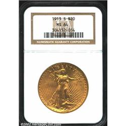 1913-S $20 MS64 NGC. Well struck except for the Capitol building. A lustrous near-Gem that has clean