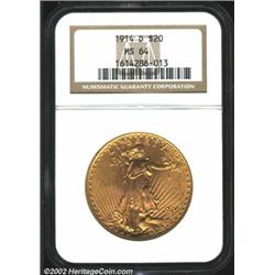 1914-D $20 MS64 NGC. This well struck coin exhibits a pleasing orange-gold patina with some flashes.