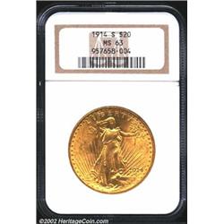 1914-S $20 MS63 NGC. Scintillating mint frost is seen on both sides, as is warm, original, orange-go