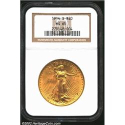 1914-S $20 MS65 NGC. Sharply struck with bright lustrous surfaces and rich orange-gold color. No dis
