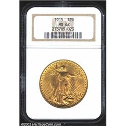 1915 $20 MS62 NGC. A lustrous example that has a flat nose and a few luster grazes in the obverse fi