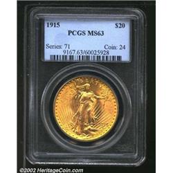 1915 $20 MS63 PCGS. More lustrous than one might expect from an MS63 and sharply defined throughout.