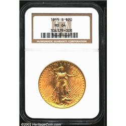 1915-S $20 MS64 NGC. A lustrous and well struck near-Gem with carefully preserved fields and a coupl