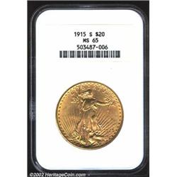 1915-S $20 MS65 NGC. An impressive Gem with immaculate surfaces and a bold strike. The lower left ob