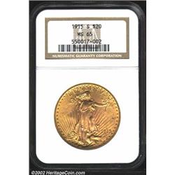 1915-S $20 MS65 NGC. A sharply struck, Gem example of this somewhat scarcer date in the teens that i