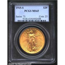 1915-S $20 MS65 PCGS. Nicely struck, bright frosty surfaces. A couple of typical, faint field marks.