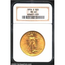 1916-S $20 MS63 NGC. This reddish-gold Twenty displays generally bold striking definition on both si