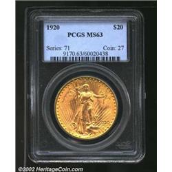 1920 $20 MS63 PCGS. Orange-green toning floats above lustrous fields. Liberty's face is somewhat fla