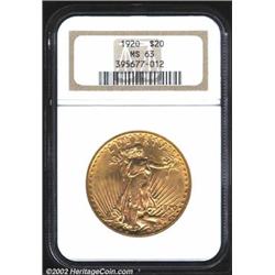 1920 $20 MS63 NGC. A well struck and lustrous Double Eagle. The eagle's wings have a few contact mar