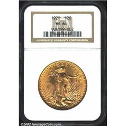 1920 $20 MS64 NGC. A date that is scarcer than the 1910-D, 1910-S, 1914-D, 1915-S, and 1916-S, the 1