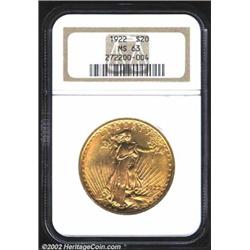 1922 $20 MS63 NGC. A flashy greenish-gold example with a few tiny alloy spots on the reverse. Nicely