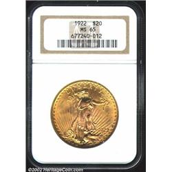 1922 $20 MS65 NGC. Plentiful in lower grades, the '22-P is not well represented at the Gem grade lev