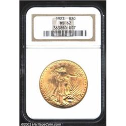 1923 $20 MS62 NGC. Sharply struck except for the Capitol building. A lustrous coin that is not parti