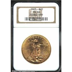 1923 $20 MS64 NGC. A moderately well struck example of this lower mintage year. The yellow-gold fiel