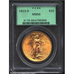 1923-D $20 MS66 PCGS. This conditionally scarce example is possessed of full mint luster and swirlin