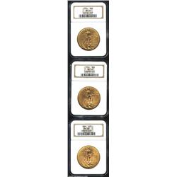 1924 $20 MS63 NGC, three pieces, each of which displays warm orange-gold coloration over frosty text