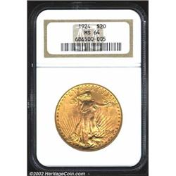 1924 $20 MS64 NGC. A flashy and well struck near-Gem that has unblemished surfaces. The upper obvers