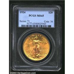 1924 $20 MS65 PCGS. A consummate Gem type coin: fully struck, fully lustrous, and no obvious marks o