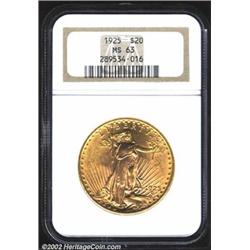 1925 $20 MS63 NGC. A pleasing representative that has a sharp strike and shimmering mint luster. The