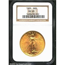 1925 $20 MS65 NGC. The softly colored, honey-gold features are suitably well struck for the type wit