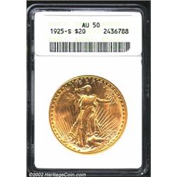 1925-S $20 AU50 ANACS. Attractive, lustrous golden surfaces. Excellent eye appeal and strike for the