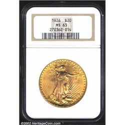 1926 $20 MS63 NGC. The devices have pinkish patina, while the fields are greenish-gold. Somewhat sof