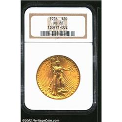 1926 $20 MS65 NGC. Bright, yellow-golden surfaces with nice luster and excellent strike. A few light