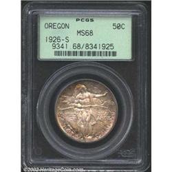 1926-S 50C Oregon MS68 PCGS. This beautifully toned example displays a base of lilac-gray color over