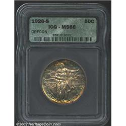 1926-S 50C Oregon MS68 ICG. The obverse periphery has rich tobacco-brown and aqua-blue patina, while