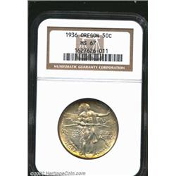 1936 50C Oregon MS67 NGC. The borders have lovely golden-brown patina, while the centers are slate-g