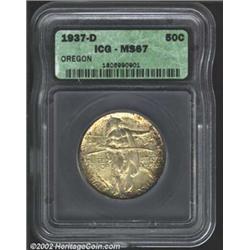 1937-D 50C Oregon MS67 ICG. Light golden coloring covers both sides of this attractive Gem, with spe