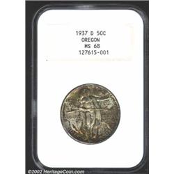 1937-D 50C Oregon MS68 NGC. The obverse has competitive swirls of copper-gold, lime-green, and stone