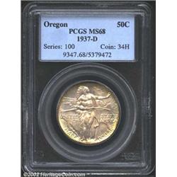 1937-D 50C Oregon MS68 PCGS. Lovely golden-brown and yellow-green peripheral patina frames the laven