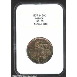 1937-D 50C Oregon MS68 NGC. The obverse has magnificent deep ruby-red, gold, apple-green, and lilac.
