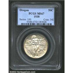 1938 50C Oregon MS67 PCGS. Faint yellow-gold and lilac patina. A sharply struck Superb Gem with good