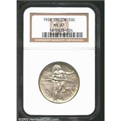 1938 50C Oregon MS67 NGC. Rich lilac patina, with golden-brown color at the margins. Sharply struck.