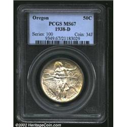 1938-D 50C Oregon MS67 PCGS. Satiny and mostly white, with yellow hints on the peripheries. great ey