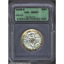 1938-S 50C Oregon MS67 ICG. The obverse is tab toned, with sea-green color at the borders and gentle