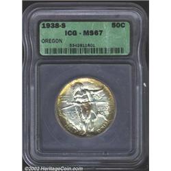 1938-S 50C Oregon MS67 ICG. The obverse is tab toned, with sea-green color at the borders and gentle