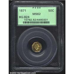 1871 50C Liberty Octagonal 50 Cents, BG-924, R.4, MS62 PCGS. A prooflike yellow-gold fractional that