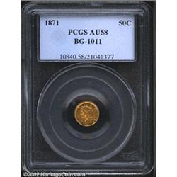 1871 50C Liberty Round 50 Cents, BG-1011, R.4, AU58 PCGS. Only 10 stars on the obverse, while the re