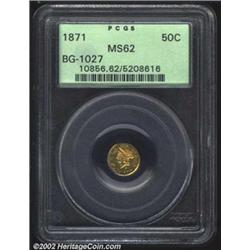 1871 50C Liberty Round 50 Cents, BG-1027, R.4, MS62 PCGS. The portrait has a large hair bun and is e